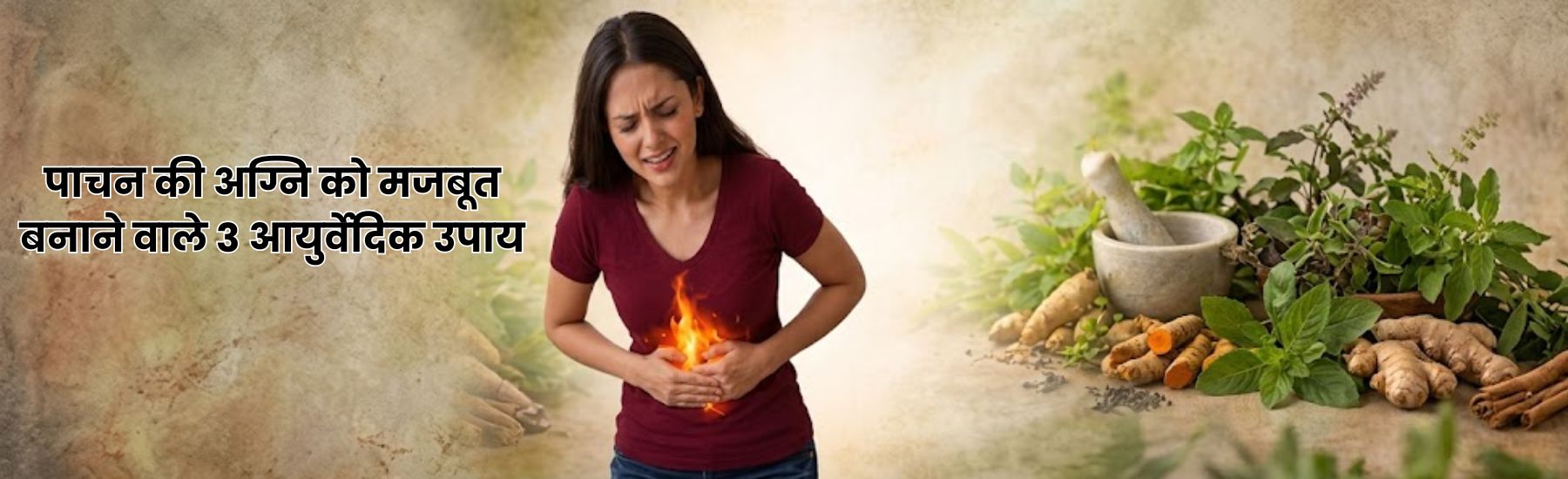Woman holding stomach with digestive fire